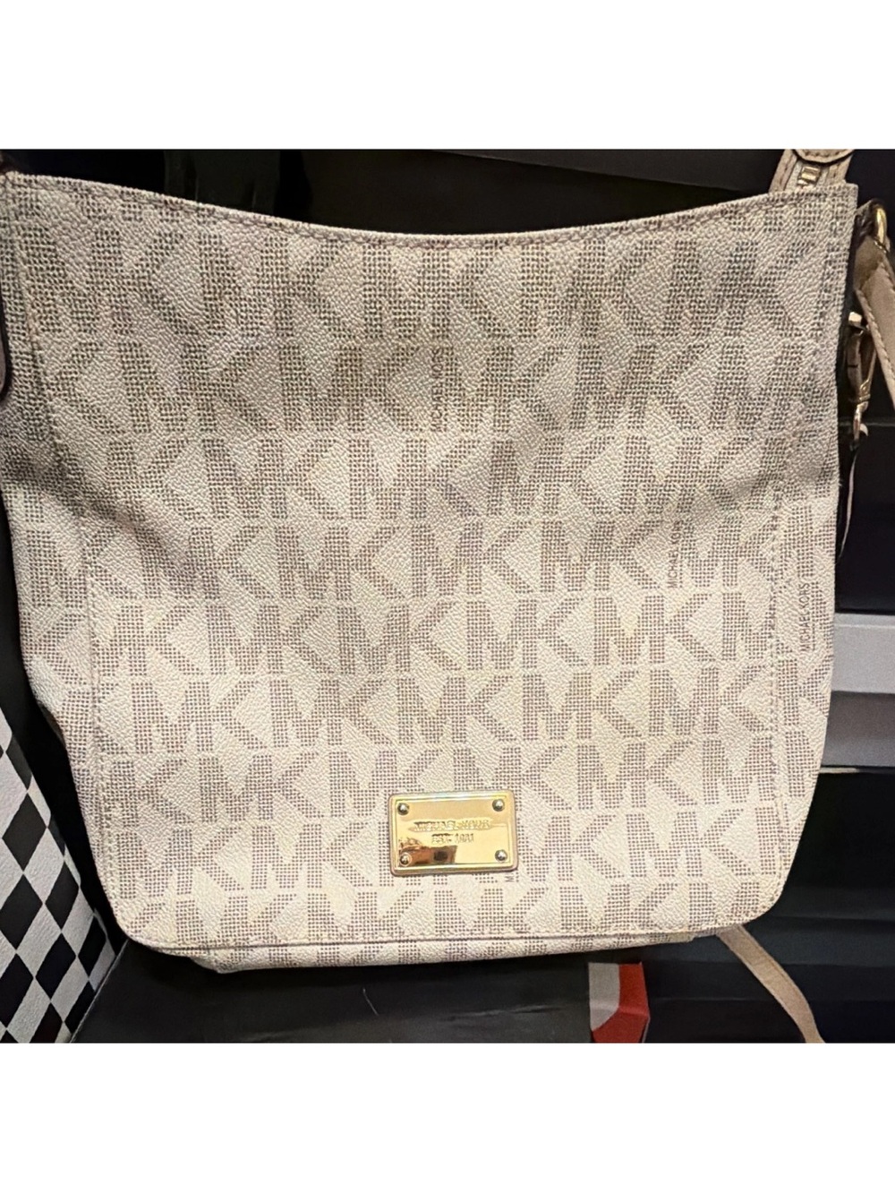 Michael Kors Ivory Beige Signature MK Shoulder Bag with Gold Plate